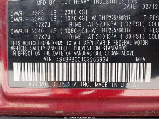 2012 Subaru Outback 2.5i Premium მანქანა იყიდება აუქციონზე, vin: 4S4BRBCC1C3266934, აუქციონის ნომერი: 45849313