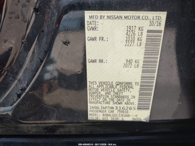 Aukcja sprzedaży 2017 Nissan Altima 2.5 S, vin: 1N4AL3AP7HN316265, numer aukcji: 45849314