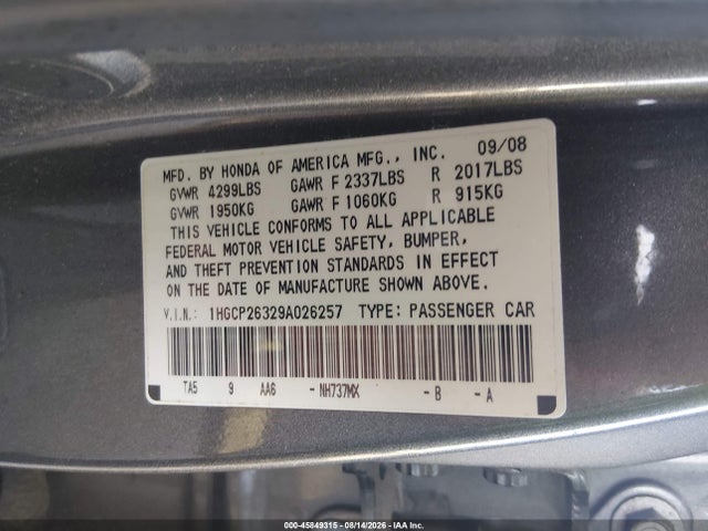 Продаж на аукціоні авто 2009 Honda Accord 2.4 Lx, vin: 1HGCP26329A026257, номер лоту: 45849315