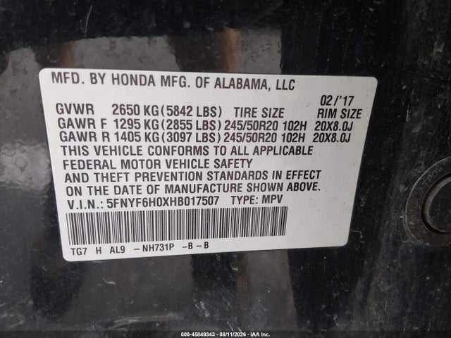 Honda Pilot Elite 2017 5FNYF6H0XHB017507 Image 9