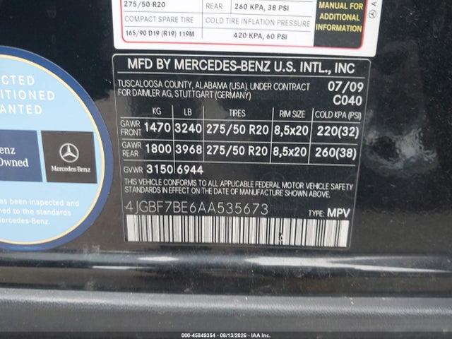 45849354 :رقم المزاد ، 4JGBF7BE6AA535673 vin ، 2010 Mercedes-benz Gl 450 4matic مزاد بيع