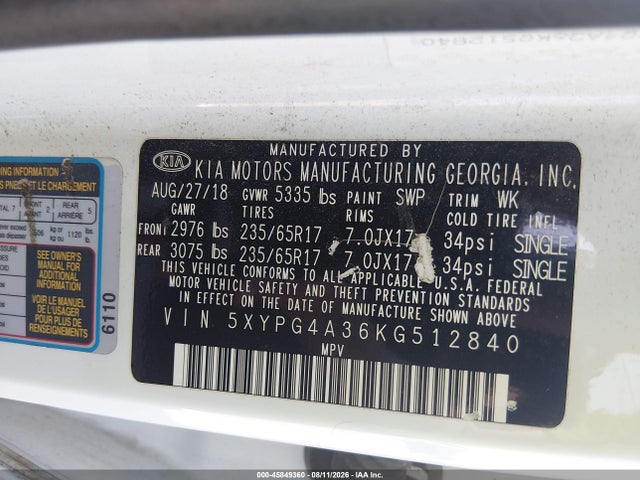 Aukcja sprzedaży 2019 Kia Sorento 2.4l Lx, vin: 5XYPG4A36KG512840, numer aukcji: 45849360