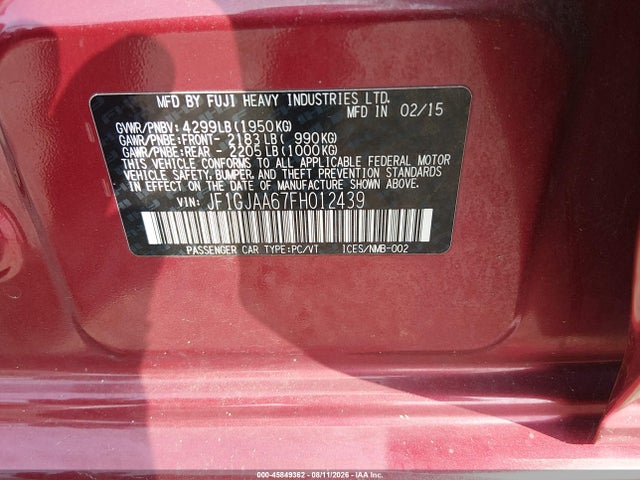 Продажа на аукционе авто 2015 Subaru Impreza 2.0i, vin: JF1GJAA67FH012439, номер лота: 45849362