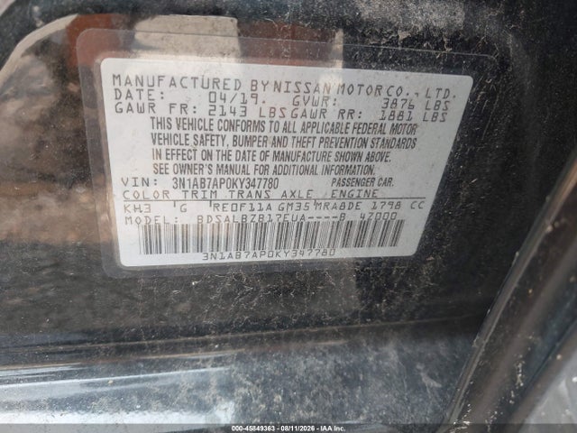 Aukcja sprzedaży 2019 Nissan Sentra S, vin: 3N1AB7AP0KY347780, numer aukcji: 45849363