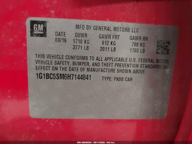 45849364 :رقم المزاد ، 1G1BC5SM6H7144841 vin ، 2017 Chevrolet Cruze Ls Auto مزاد بيع