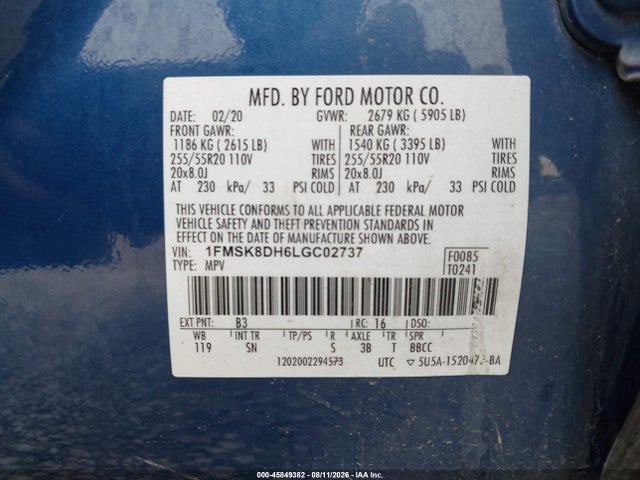 Aukcja sprzedaży 2020 Ford Explorer Xlt, vin: 1FMSK8DH6LGC02737, numer aukcji: 45849382