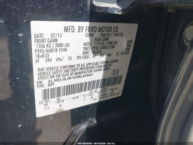 Aukcja sprzedaży 2013 Lincoln Mkx, vin: 2LMDJ6JK1DBL41641, numer aukcji: 45849386