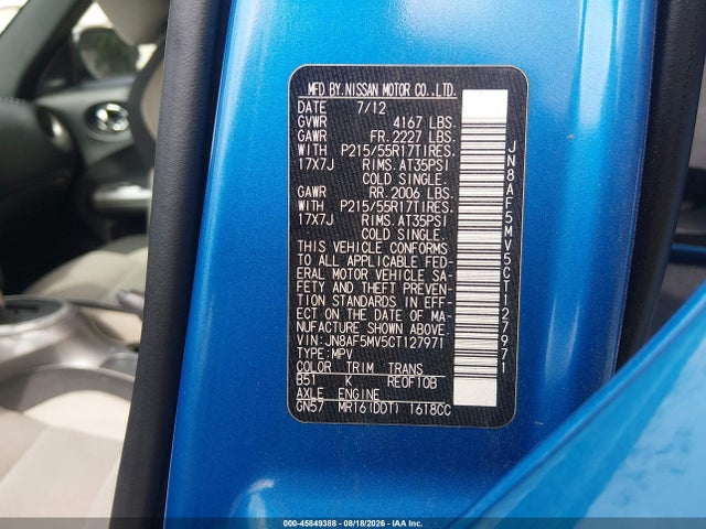 45849388 :رقم المزاد ، JN8AF5MV5CT127971 vin ، 2012 Nissan Juke Sv مزاد بيع