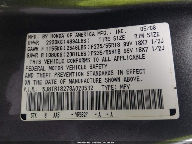 Продажа на аукционе авто 2008 Acura Rdx, vin: 5J8TB18278A020532, номер лота: 45849391