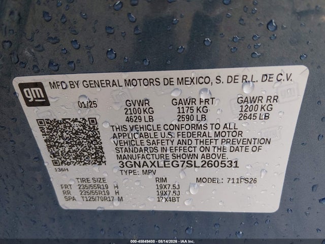 45849400 :رقم المزاد ، 3GNAXLEG7SL260531 vin ، 2025 Chevrolet Equinox Fwd Rs مزاد بيع
