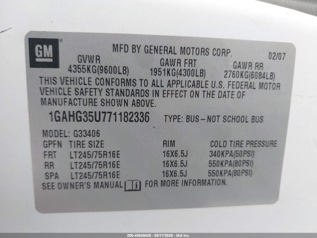 2007 Chevrolet Express Passenger Ls მანქანა იყიდება აუქციონზე, vin: 1GAHG35U771182336, აუქციონის ნომერი: 45849428