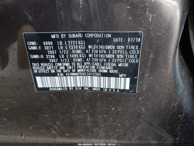 Aukcja sprzedaży 2019 Subaru Ascent Limited, vin: 4S4WMAPD6K3412305, numer aukcji: 45849435