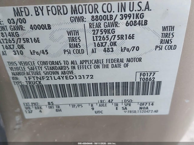 45849446 :رقم المزاد ، 1FTNF21L4YED13172 vin ، 2000 Ford F-250 Lariat/xl/xlt مزاد بيع