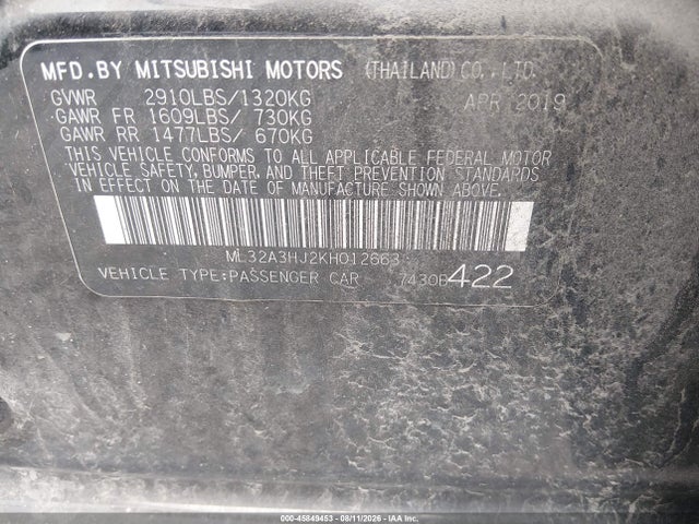 2019 Mitsubishi Mirage Es მანქანა იყიდება აუქციონზე, vin: ML32A3HJ2KH012663, აუქციონის ნომერი: 45849453