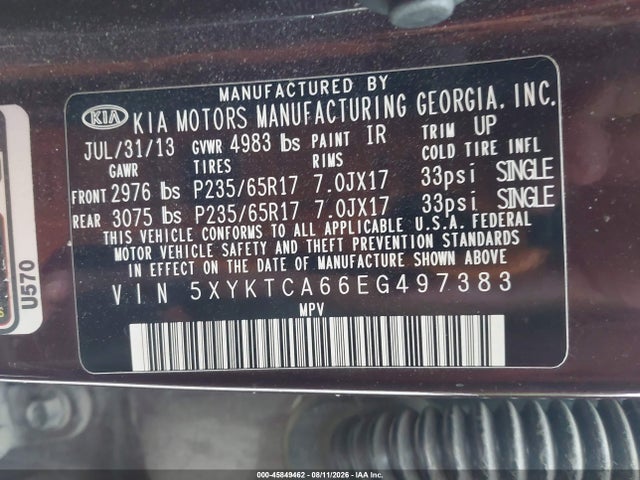 2014 Kia Sorento Lx მანქანა იყიდება აუქციონზე, vin: 5XYKTCA66EG497383, აუქციონის ნომერი: 45849462
