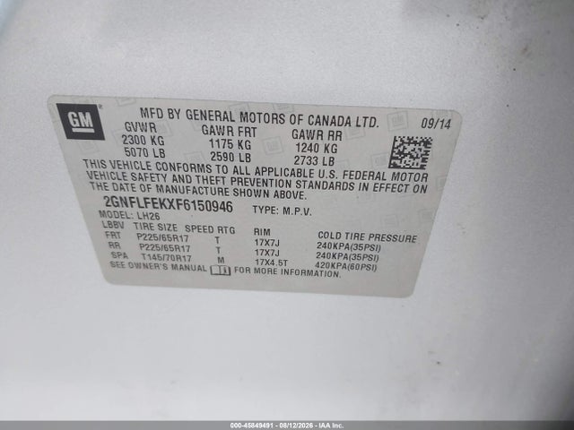 Продажа на аукционе авто 2015 Chevrolet Equinox Lt, vin: 2GNFLFEKXF6150946, номер лота: 45849491