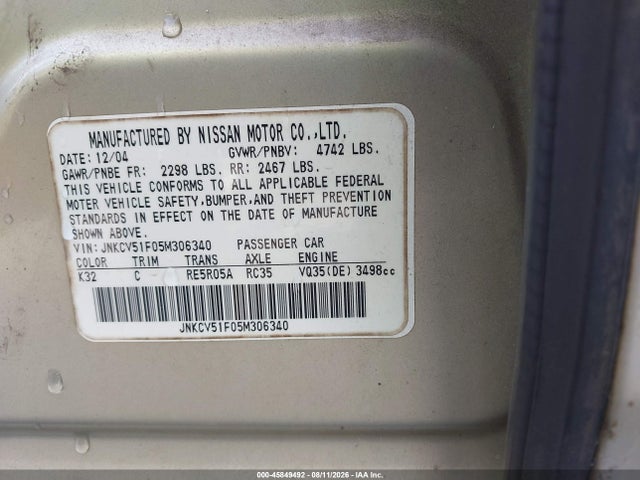 Продажа на аукционе авто 2005 Infiniti G35x, vin: JNKCV51F05M306340, номер лота: 45849492