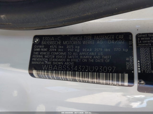 Aukcja sprzedaży 2002 Bmw 330ci, vin: WBABS53432JU93097, numer aukcji: 45849496