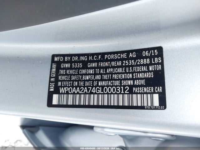 Продаж на аукціоні авто 2016 Porsche Panamera 4, vin: WP0AA2A74GL000312, номер лоту: 45849498