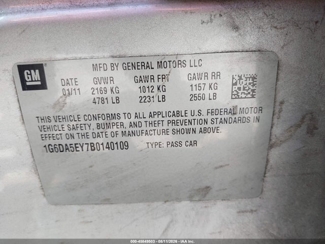 45849503 :رقم المزاد ، 1G6DA5EY7B0140109 vin ، 2011 Cadillac Cts مزاد بيع