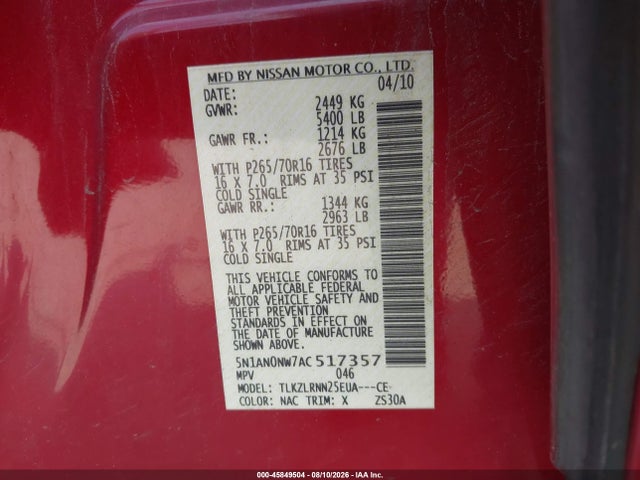 45849504 :رقم المزاد ، 5N1AN0NW7AC517357 vin ، 2010 Nissan Xterra S مزاد بيع