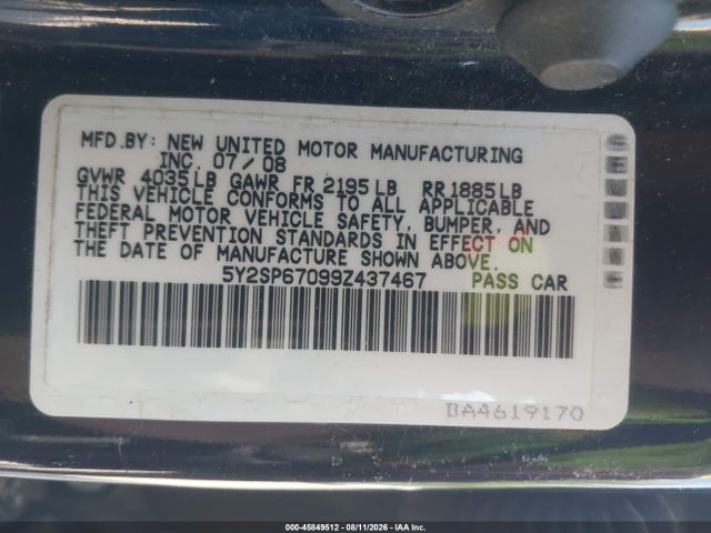 45849512 :رقم المزاد ، 5Y2SP67099Z437467 vin ، 2009 Pontiac Vibe مزاد بيع