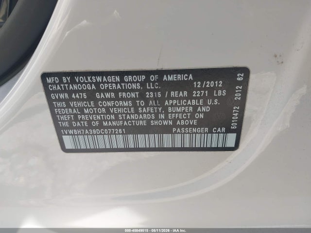 Aukcja sprzedaży 2013 Volkswagen Passat 2.5l Se, vin: 1VWBH7A39DC077261, numer aukcji: 45849515