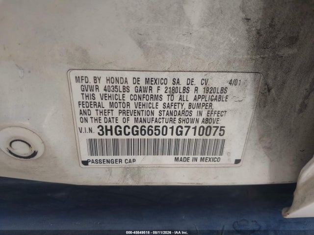 2001 Honda Accord 2.3 Lx მანქანა იყიდება აუქციონზე, vin: 3HGCG66501G710075, აუქციონის ნომერი: 45849518