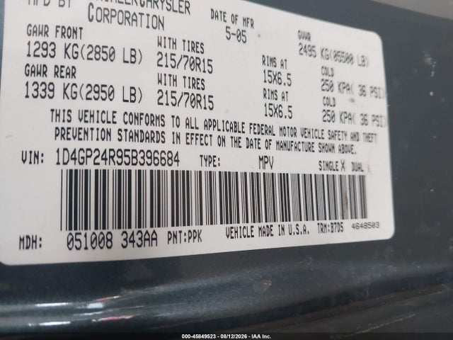 45849523 :رقم المزاد ، 1D4GP24R95B396684 vin ، 2005 Dodge Grand Caravan Se مزاد بيع