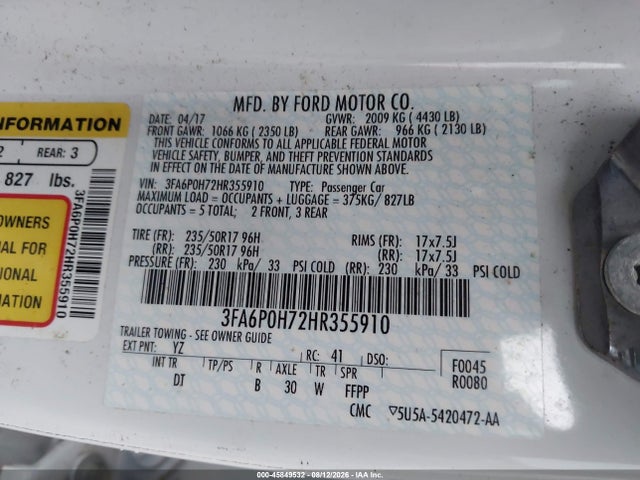 2017 Ford Fusion Se მანქანა იყიდება აუქციონზე, vin: 3FA6P0H72HR355910, აუქციონის ნომერი: 45849532