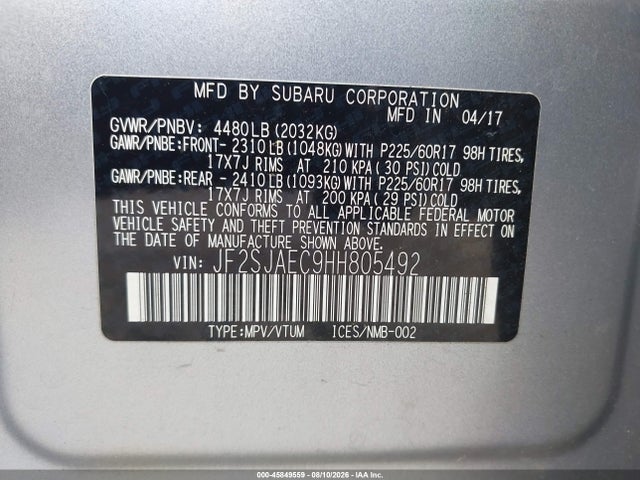 Продаж на аукціоні авто 2017 Subaru Forester 2.5i Premium, vin: JF2SJAEC9HH805492, номер лоту: 45849559