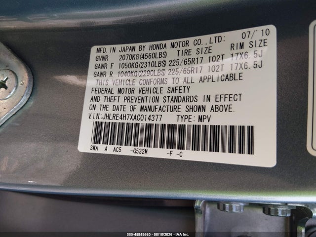 Aukcja sprzedaży 2010 Honda Cr-v Ex-l, vin: JHLRE4H7XAC014377, numer aukcji: 45849560