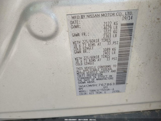 Продаж на аукціоні авто 2015 Nissan Rogue Sl, vin: 5N1AT2MV9FC767863, номер лоту: 45849561
