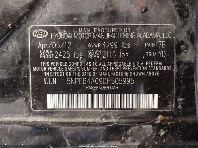 Продаж на аукціоні авто 2013 Hyundai Sonata Gls, vin: 5NPEB4AC9DH505995, номер лоту: 45849577