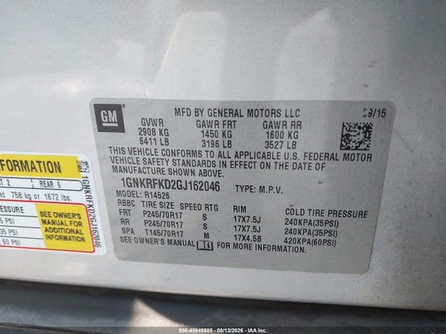 Aukcja sprzedaży 2016 Chevrolet Traverse Ls, vin: 1GNKRFKD2GJ162046, numer aukcji: 45849585