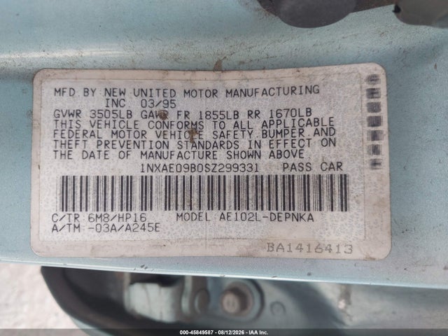 45849587 :رقم المزاد ، 1NXAE09B0SZ299331 vin ، 1995 Toyota Corolla Le/dx مزاد بيع
