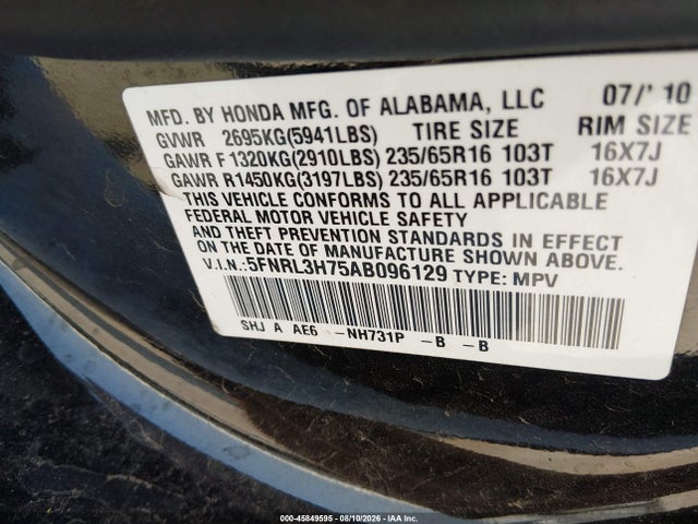 45849595 :رقم المزاد ، 5FNRL3H75AB096129 vin ، 2010 Honda Odyssey Ex-l مزاد بيع