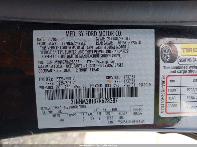 Aukcja sprzedaży 2007 Lincoln Mkz, vin: 3LNHM28T07R628387, numer aukcji: 45849597