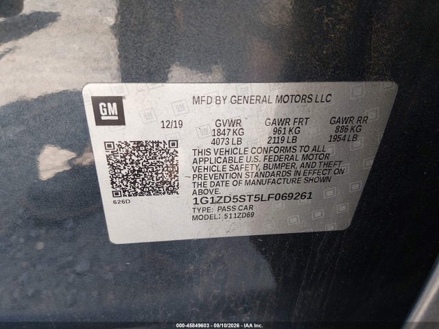 45849603 :رقم المزاد ، 1G1ZD5ST5LF069261 vin ، 2020 Chevrolet Malibu Fwd Lt مزاد بيع