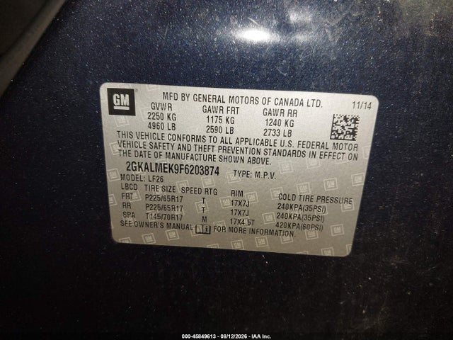 2015 Gmc Terrain Sle-1 მანქანა იყიდება აუქციონზე, vin: 2GKALMEK9F6203874, აუქციონის ნომერი: 45849613