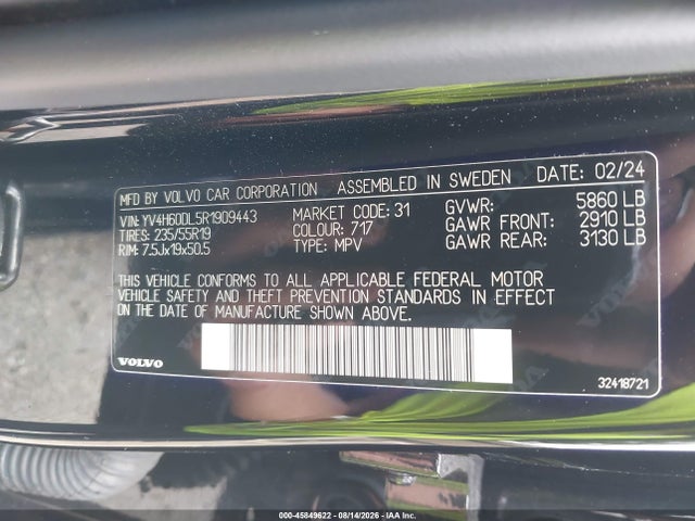 Aukcja sprzedaży 2024 Volvo Xc60 Recharge Plug-in Hybrid T8 Plus Dark Theme, vin: YV4H60DL5R1909443, numer aukcji: 45849622