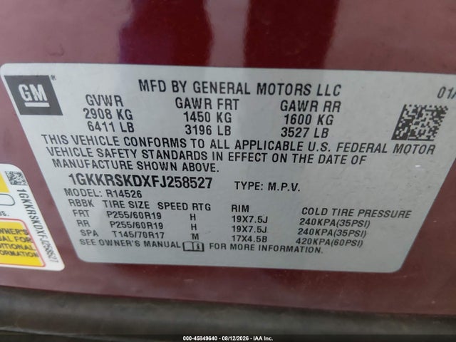 Aukcja sprzedaży 2015 Gmc Acadia Slt-2, vin: 1GKKRSKDXFJ258527, numer aukcji: 45849640