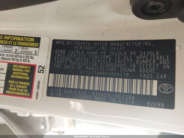 Продажа на аукционе авто 2023 Toyota Camry Se, vin: 4T1G11AK6PU804318, номер лота: 45849650