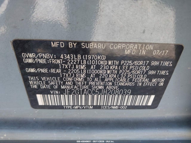 45849651 :رقم المزاد ، JF2GTACC5JH208039 vin ، 2018 Subaru Crosstrek 2.0i Premium مزاد بيع