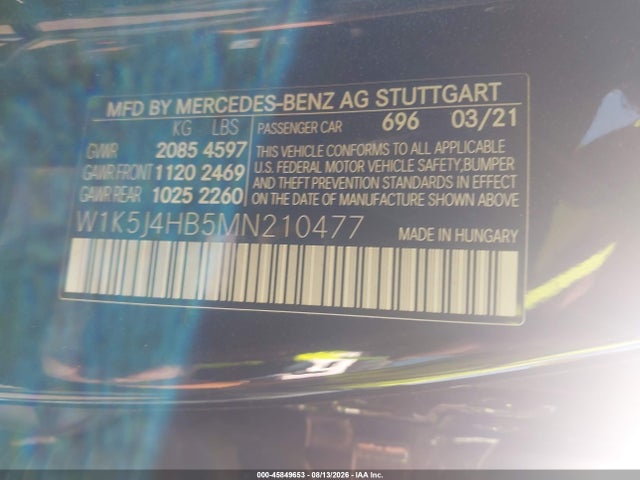 Aukcja sprzedaży 2021 Mercedes-benz Cla 250 4matic, vin: W1K5J4HB5MN210477, numer aukcji: 45849653