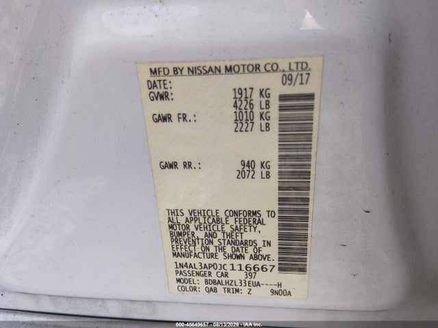 Продажа на аукционе авто 2018 Nissan Altima 2.5 Sr, vin: 1N4AL3AP0JC116667, номер лота: 45849657
