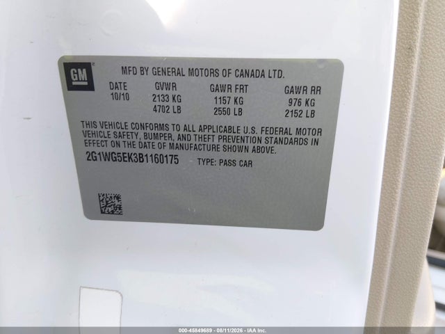 45849689 :رقم المزاد ، 2G1WG5EK3B1160175 vin ، 2011 Chevrolet Impala Lt مزاد بيع