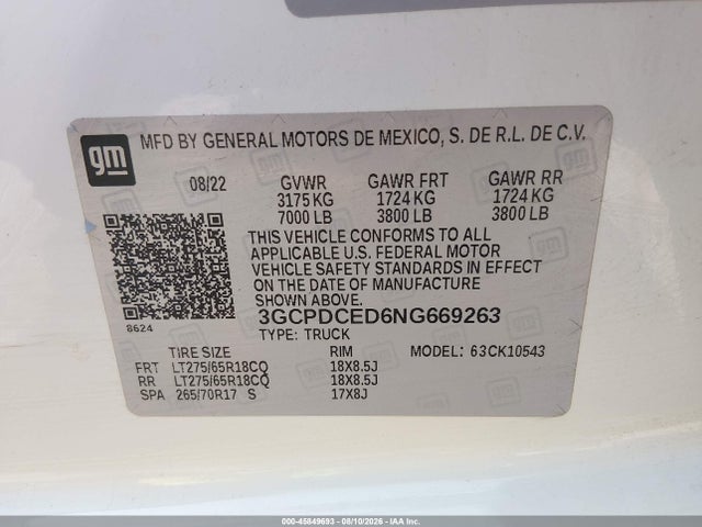 Aukcja sprzedaży 2022 Chevrolet Silverado 1500 4wd  Short Bed Custom Trail Boss, vin: 3GCPDCED6NG669263, numer aukcji: 45849693