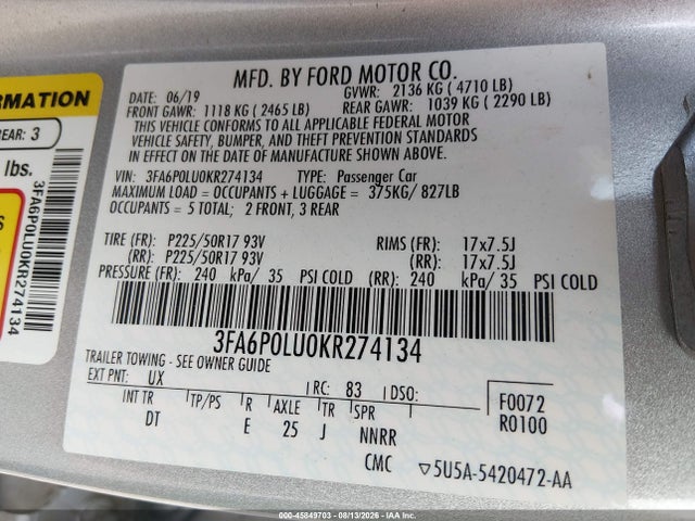 Ford Fusion Hybrid Se 2019 3FA6P0LU0KR274134 Image 9