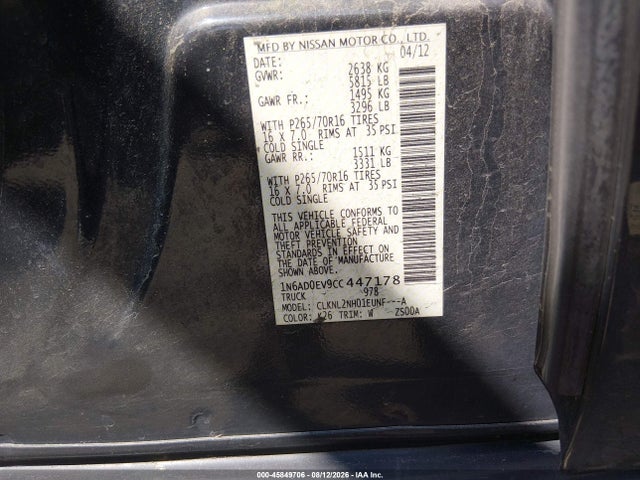 45849706 :رقم المزاد ، 1N6AD0EV9CC447178 vin ، 2012 Nissan Frontier Sv مزاد بيع